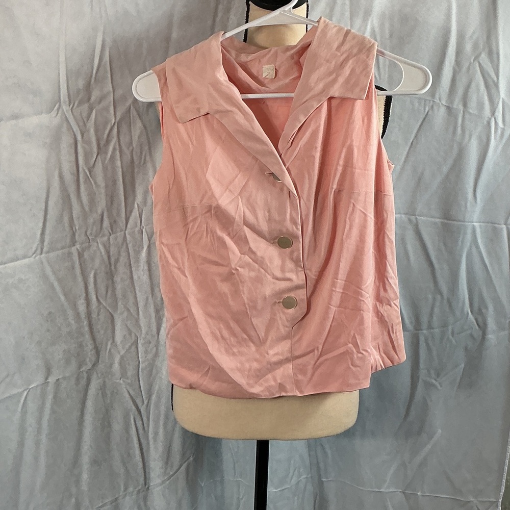 Blush Pink Sleeveless Button Front Blouse – Draped Collar Top (S)